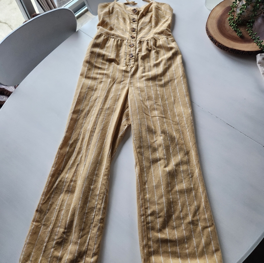 Linen Striped Yellow Jumpsuit - Picture 3 of 10